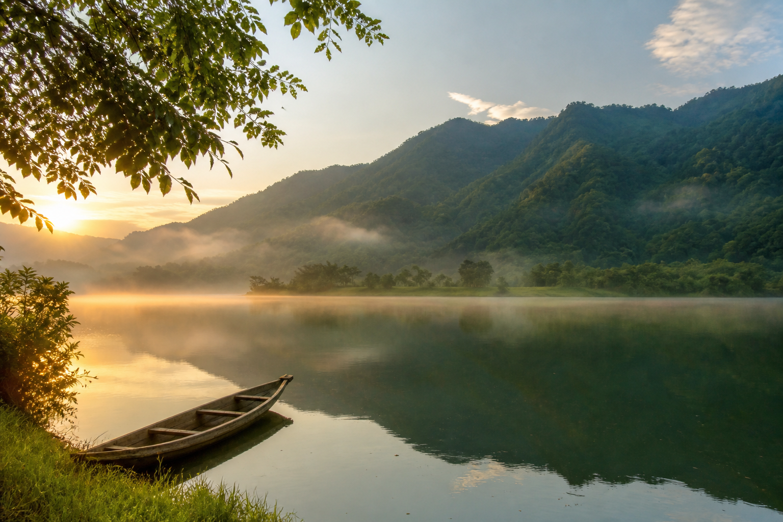 Hồ nước giữa núi xanh buổi sớm